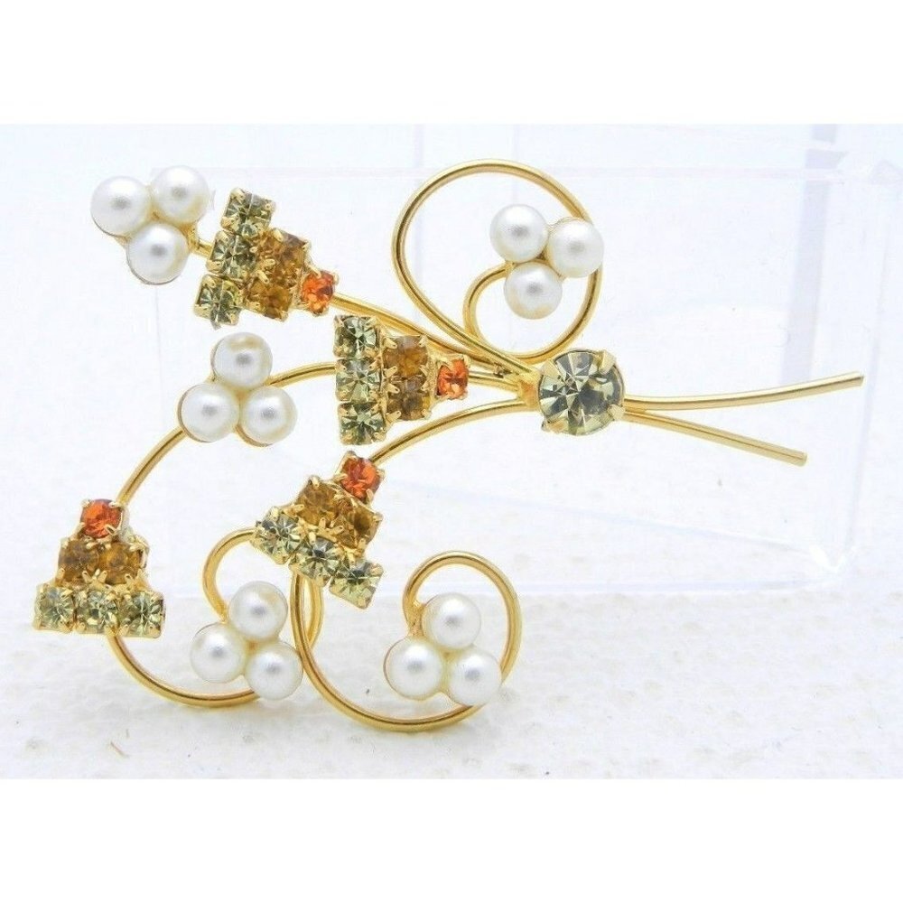VTG Gold Tone Faux Pearl Yellow Orange Rhinestone Flower Pin Brooch